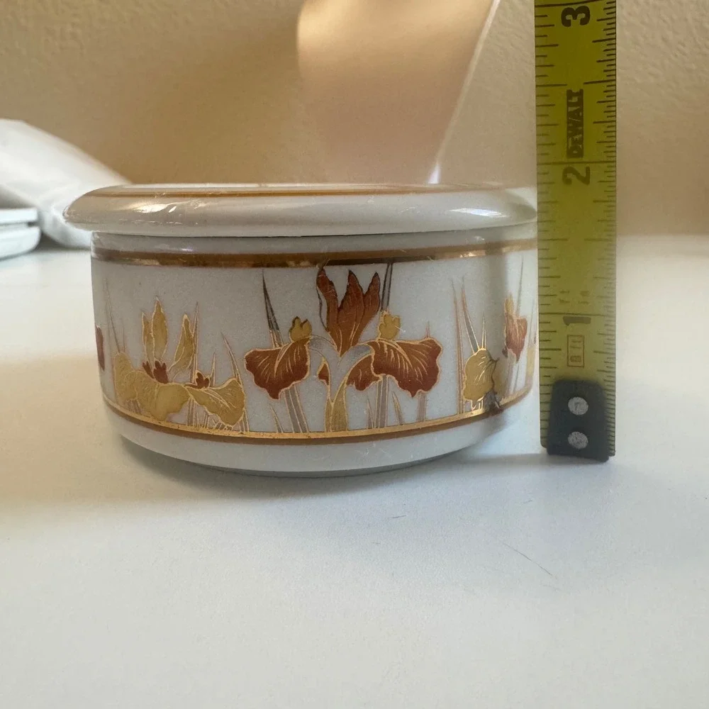 Action Japan Porcelain Trinket Box Hummingbird Iris Gold Trim Jewelry Dish 1980s